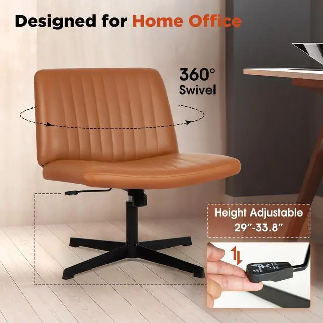 Alt view image 4 of 6 - Criss Cross Chair, Armless Cross Legged Office Chair, Comfortable Vanity Chair with Back, Fabric Adjustable Wide Swivel Criss Cross Desk Chair for Home Office, Brown