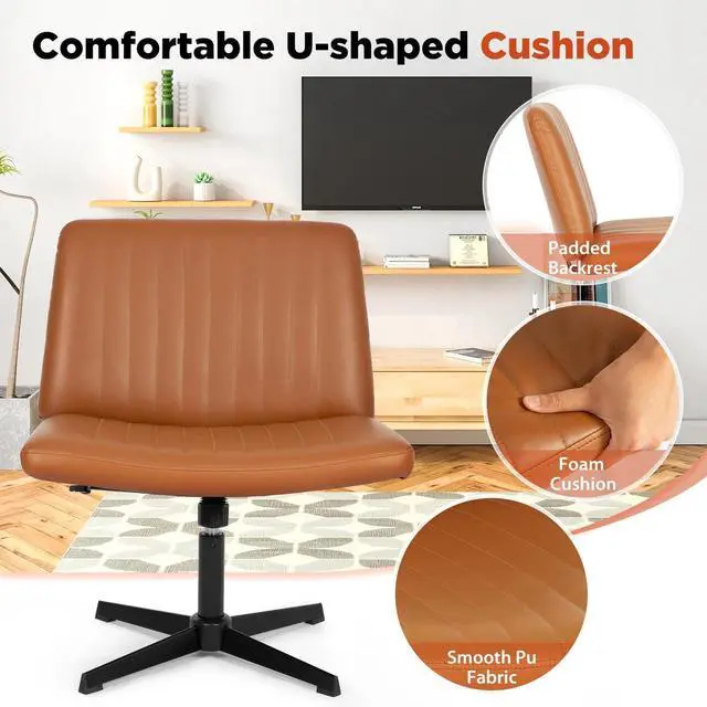 Alt view image 5 of 6 - Criss Cross Chair, Armless Cross Legged Office Chair, Comfortable Vanity Chair with Back, Fabric Adjustable Wide Swivel Criss Cross Desk Chair for Home Office, Brown