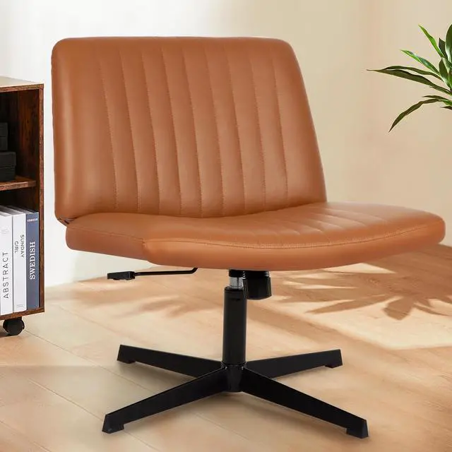 Alt view image 6 of 6 - Criss Cross Chair, Armless Cross Legged Office Chair, Comfortable Vanity Chair with Back, Fabric Adjustable Wide Swivel Criss Cross Desk Chair for Home Office, Brown