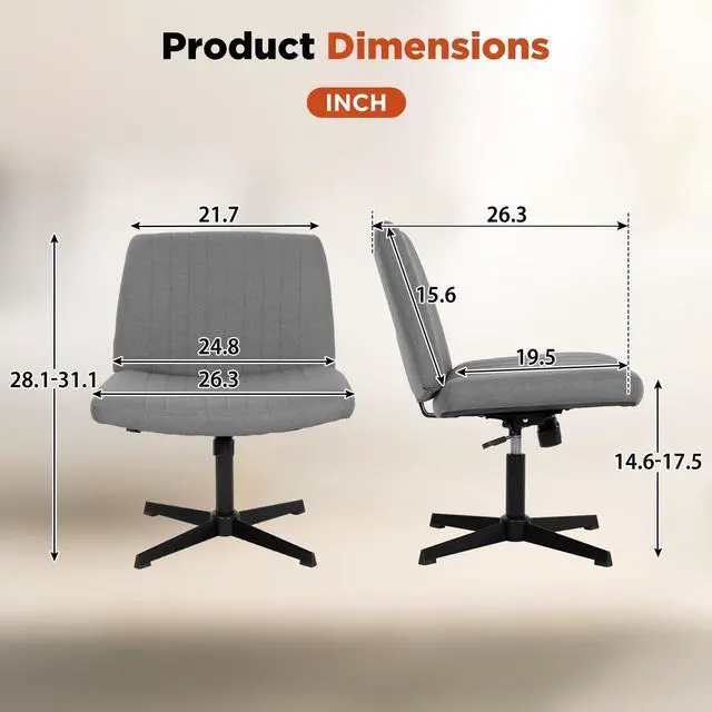 Alt view image 2 of 6 - Criss Cross Chair, Armless Cross Legged Office Chair, Comfortable Vanity Chair with Back, Fabric Adjustable Wide Swivel Criss Cross Desk Chair for Home Office, Grey