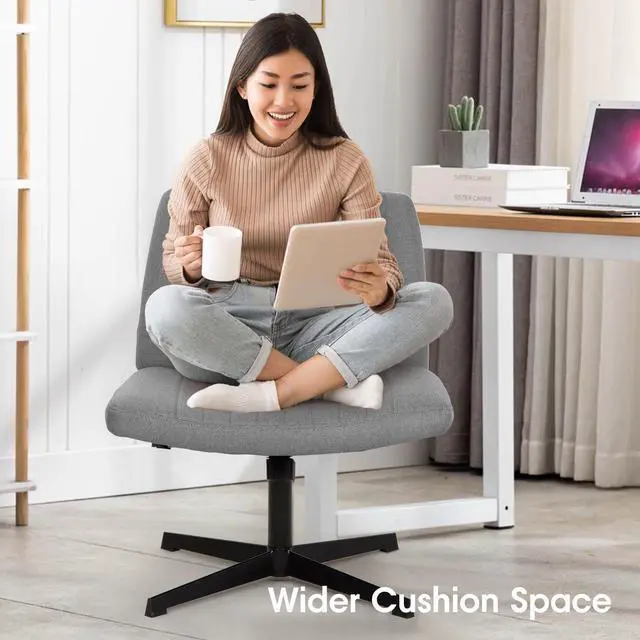 Alt view image 3 of 6 - Criss Cross Chair, Armless Cross Legged Office Chair, Comfortable Vanity Chair with Back, Fabric Adjustable Wide Swivel Criss Cross Desk Chair for Home Office, Grey
