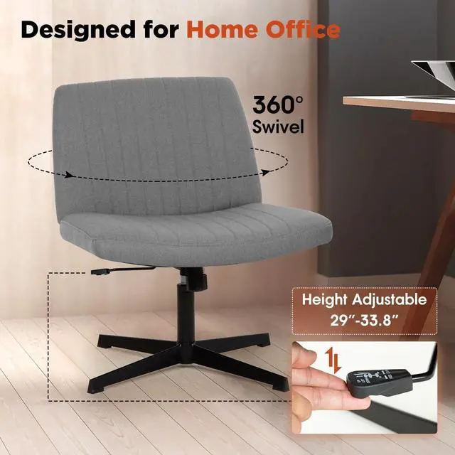 Alt view image 4 of 6 - Criss Cross Chair, Armless Cross Legged Office Chair, Comfortable Vanity Chair with Back, Fabric Adjustable Wide Swivel Criss Cross Desk Chair for Home Office, Grey