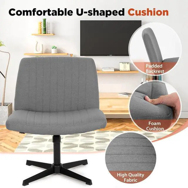 Alt view image 5 of 6 - Criss Cross Chair, Armless Cross Legged Office Chair, Comfortable Vanity Chair with Back, Fabric Adjustable Wide Swivel Criss Cross Desk Chair for Home Office, Grey