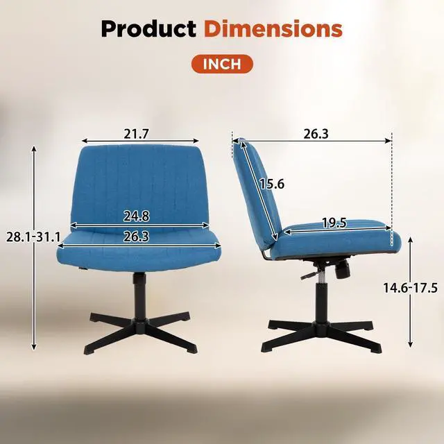 Alt view image 2 of 6 - Criss Cross Chair, Armless Cross Legged Office Chair, Comfortable Vanity Chair with Back, Fabric Adjustable Wide Swivel Criss Cross Desk Chair for Home Office, Blue