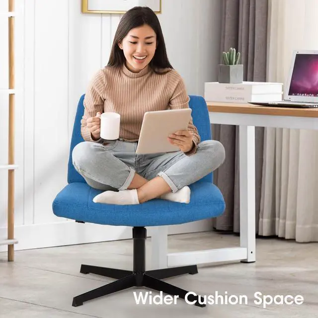 Alt view image 3 of 6 - Criss Cross Chair, Armless Cross Legged Office Chair, Comfortable Vanity Chair with Back, Fabric Adjustable Wide Swivel Criss Cross Desk Chair for Home Office, Blue