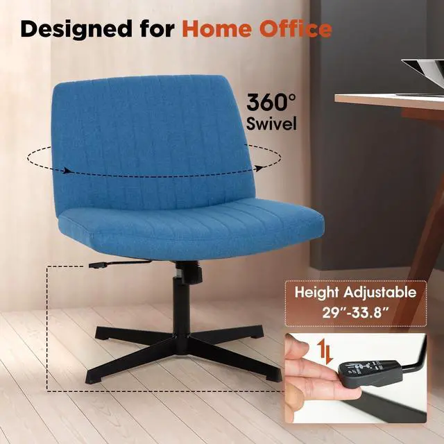 Alt view image 4 of 6 - Criss Cross Chair, Armless Cross Legged Office Chair, Comfortable Vanity Chair with Back, Fabric Adjustable Wide Swivel Criss Cross Desk Chair for Home Office, Blue