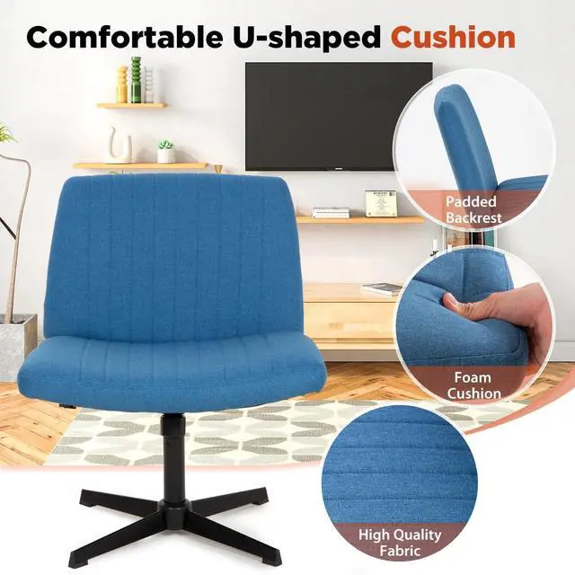 Alt view image 5 of 6 - Criss Cross Chair, Armless Cross Legged Office Chair, Comfortable Vanity Chair with Back, Fabric Adjustable Wide Swivel Criss Cross Desk Chair for Home Office, Blue