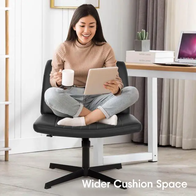 Alt view image 2 of 6 - Criss Cross Chair, Armless Cross Legged Office Chair, Comfortable Vanity Chair with Back, Fabric Adjustable Wide Swivel Criss Cross Desk Chair for Home Office, Black