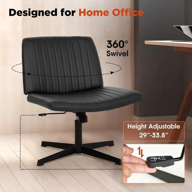 Alt view image 4 of 6 - Criss Cross Chair, Armless Cross Legged Office Chair, Comfortable Vanity Chair with Back, Fabric Adjustable Wide Swivel Criss Cross Desk Chair for Home Office, Black