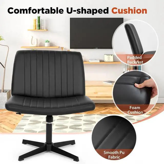Alt view image 5 of 6 - Criss Cross Chair, Armless Cross Legged Office Chair, Comfortable Vanity Chair with Back, Fabric Adjustable Wide Swivel Criss Cross Desk Chair for Home Office, Black