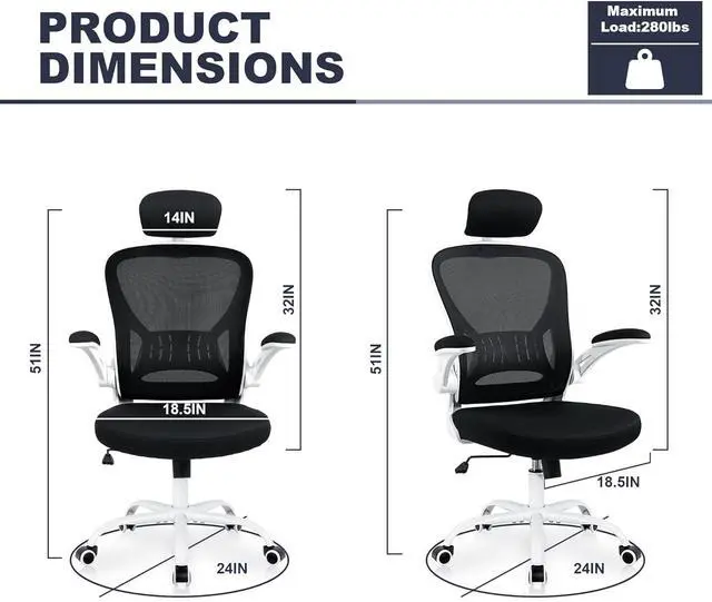 Alt view image 2 of 6 - Office Chair Ergonomic Desk Chair Comfort Adjustable Height with Wheels,Lumbar Support Mesh Swivel Computer Home Office Study Task Chair Black & White