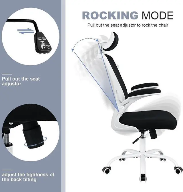 Alt view image 3 of 6 - Office Chair Ergonomic Desk Chair Comfort Adjustable Height with Wheels,Lumbar Support Mesh Swivel Computer Home Office Study Task Chair Black & White
