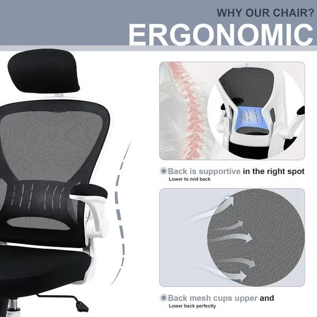 Alt view image 5 of 6 - Office Chair Ergonomic Desk Chair Comfort Adjustable Height with Wheels,Lumbar Support Mesh Swivel Computer Home Office Study Task Chair Black & White