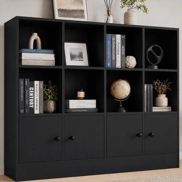 Main image of Black Wood Bookcase, 12 Cube Display Shelf with 4 Doors, 3 Tier Open Bookshelf with Adjustable Shelves for Living Room, Home Office, Entryway