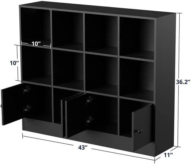 Alt view image 2 of 6 - Black Wood Bookcase, 12 Cube Display Shelf with 4 Doors, 3 Tier Open Bookshelf with Adjustable Shelves for Living Room, Home Office, Entryway
