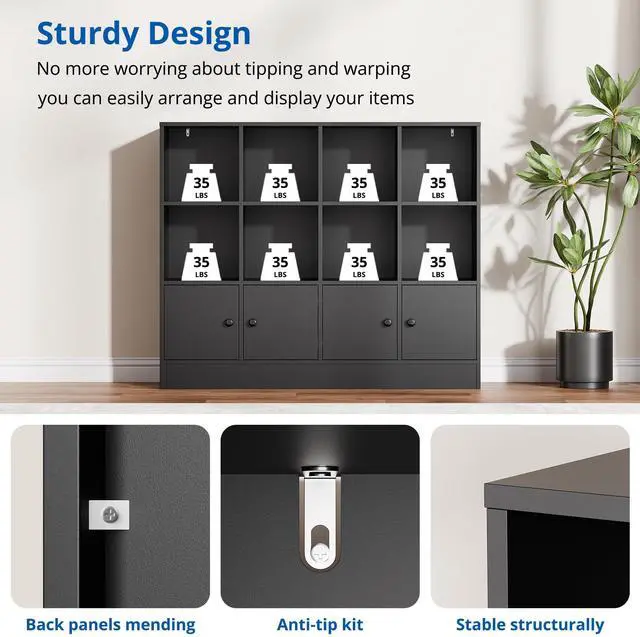 Alt view image 3 of 6 - Black Wood Bookcase, 12 Cube Display Shelf with 4 Doors, 3 Tier Open Bookshelf with Adjustable Shelves for Living Room, Home Office, Entryway