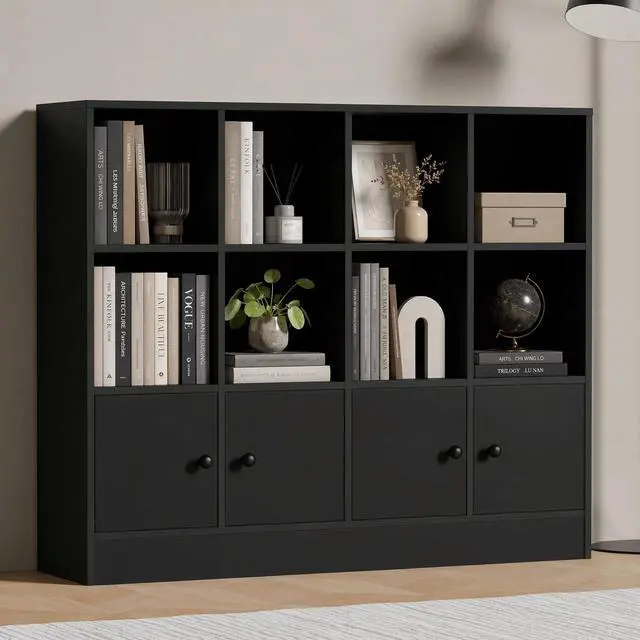 Alt view image 4 of 6 - Black Wood Bookcase, 12 Cube Display Shelf with 4 Doors, 3 Tier Open Bookshelf with Adjustable Shelves for Living Room, Home Office, Entryway
