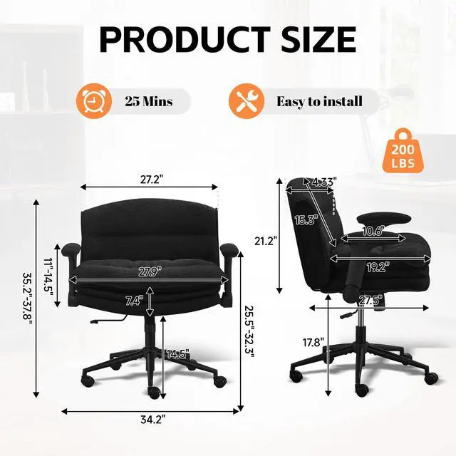 Alt view image 2 of 6 - Criss Cross Chair with Flip-up Arms, Wide Criss Legged Chair with 3 Layer Cushion, Ergonomic Office Desk Chair with Wheels, Swivel Vanity Chair for Office, Living Room, Bedroom, Boucle Black
