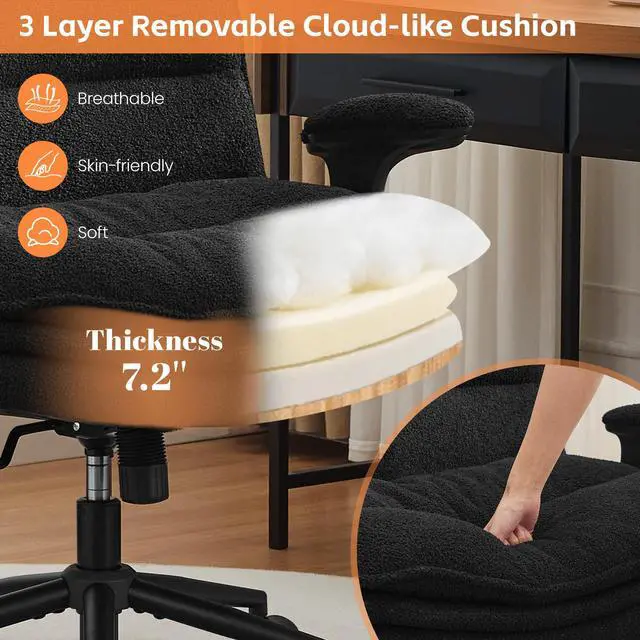 Alt view image 3 of 6 - Criss Cross Chair with Flip-up Arms, Wide Criss Legged Chair with 3 Layer Cushion, Ergonomic Office Desk Chair with Wheels, Swivel Vanity Chair for Office, Living Room, Bedroom, Boucle Black