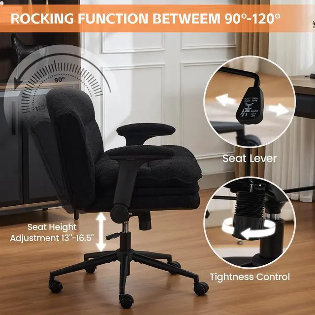Alt view image 4 of 6 - Criss Cross Chair with Flip-up Arms, Wide Criss Legged Chair with 3 Layer Cushion, Ergonomic Office Desk Chair with Wheels, Swivel Vanity Chair for Office, Living Room, Bedroom, Boucle Black