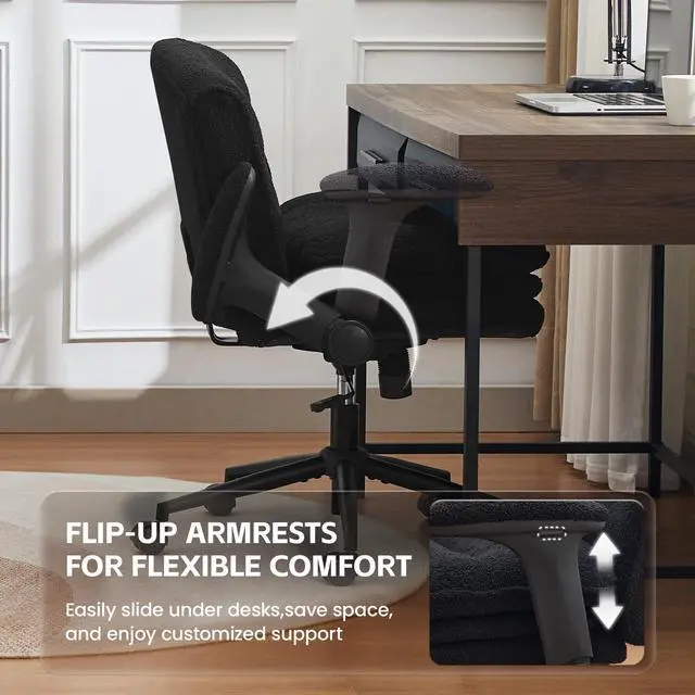 Alt view image 5 of 6 - Criss Cross Chair with Flip-up Arms, Wide Criss Legged Chair with 3 Layer Cushion, Ergonomic Office Desk Chair with Wheels, Swivel Vanity Chair for Office, Living Room, Bedroom, Boucle Black