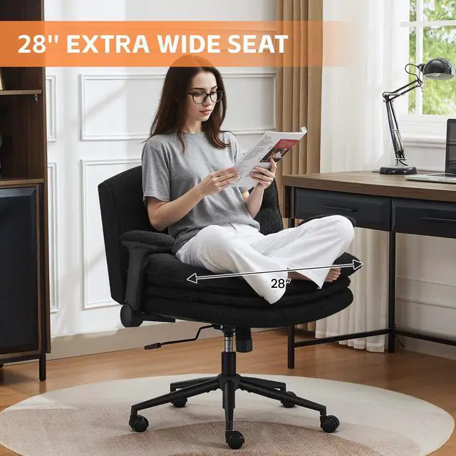 Alt view image 6 of 6 - Criss Cross Chair with Flip-up Arms, Wide Criss Legged Chair with 3 Layer Cushion, Ergonomic Office Desk Chair with Wheels, Swivel Vanity Chair for Office, Living Room, Bedroom, Boucle Black