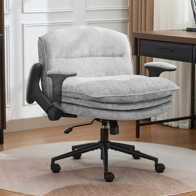 Main image of Criss Cross Chair with Flip-up Arms, Wide Criss Legged Chair with 3 Layer Cushion, Ergonomic Office Desk Chair with Wheels, Swivel Vanity Chair for Office, Living Room, Bedroom, Chenille Grey