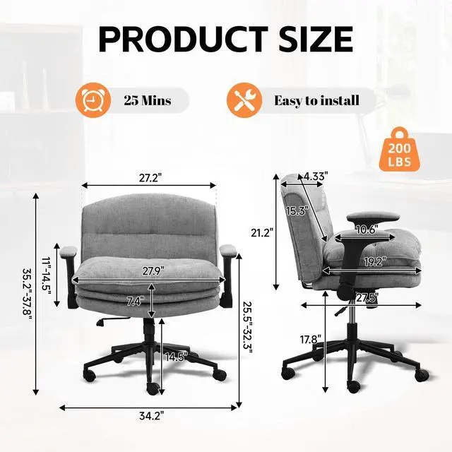 Alt view image 2 of 6 - Criss Cross Chair with Flip-up Arms, Wide Criss Legged Chair with 3 Layer Cushion, Ergonomic Office Desk Chair with Wheels, Swivel Vanity Chair for Office, Living Room, Bedroom, Chenille Grey