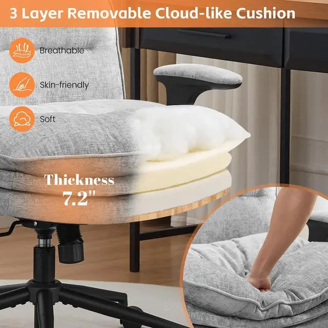 Alt view image 3 of 6 - Criss Cross Chair with Flip-up Arms, Wide Criss Legged Chair with 3 Layer Cushion, Ergonomic Office Desk Chair with Wheels, Swivel Vanity Chair for Office, Living Room, Bedroom, Chenille Grey