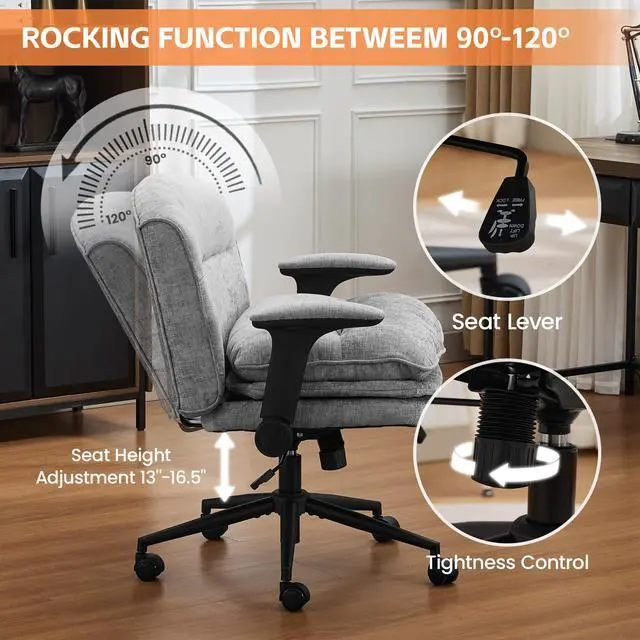Alt view image 4 of 6 - Criss Cross Chair with Flip-up Arms, Wide Criss Legged Chair with 3 Layer Cushion, Ergonomic Office Desk Chair with Wheels, Swivel Vanity Chair for Office, Living Room, Bedroom, Chenille Grey