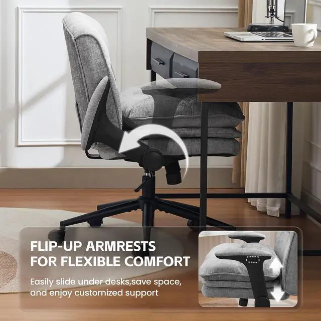 Alt view image 5 of 6 - Criss Cross Chair with Flip-up Arms, Wide Criss Legged Chair with 3 Layer Cushion, Ergonomic Office Desk Chair with Wheels, Swivel Vanity Chair for Office, Living Room, Bedroom, Chenille Grey
