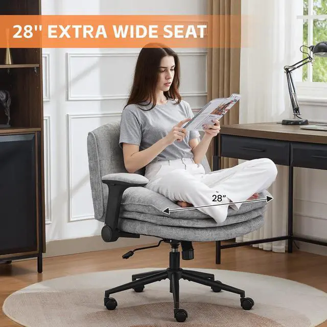 Alt view image 6 of 6 - Criss Cross Chair with Flip-up Arms, Wide Criss Legged Chair with 3 Layer Cushion, Ergonomic Office Desk Chair with Wheels, Swivel Vanity Chair for Office, Living Room, Bedroom, Chenille Grey