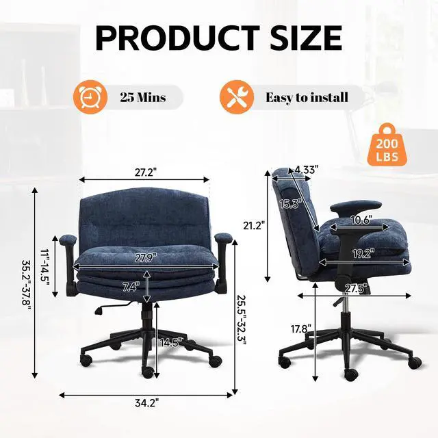 Alt view image 2 of 6 - Criss Cross Chair with Flip-up Arms, Wide Criss Legged Chair with 3 Layer Cushion, Ergonomic Office Desk Chair with Wheels, Swivel Vanity Chair for Office, Living Room, Bedroom, Chenille Blue