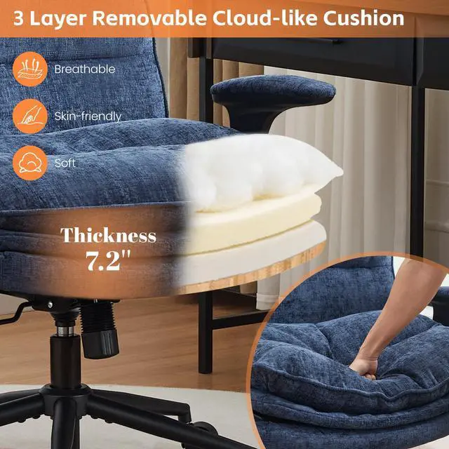 Alt view image 3 of 6 - Criss Cross Chair with Flip-up Arms, Wide Criss Legged Chair with 3 Layer Cushion, Ergonomic Office Desk Chair with Wheels, Swivel Vanity Chair for Office, Living Room, Bedroom, Chenille Blue