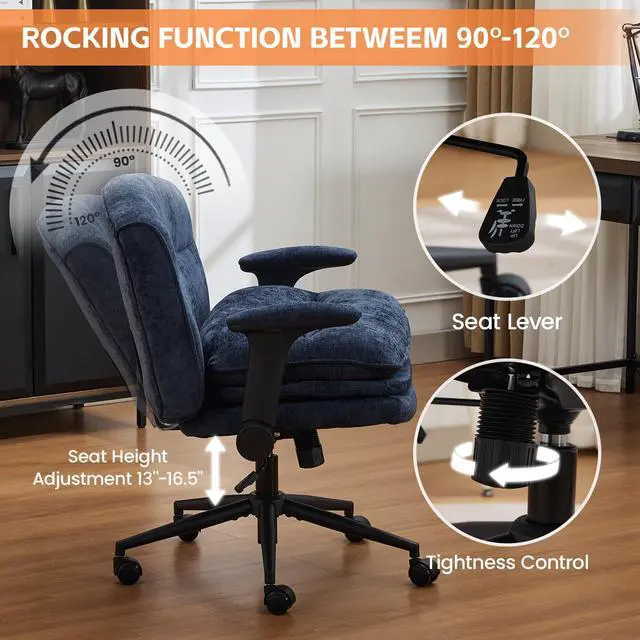 Alt view image 4 of 6 - Criss Cross Chair with Flip-up Arms, Wide Criss Legged Chair with 3 Layer Cushion, Ergonomic Office Desk Chair with Wheels, Swivel Vanity Chair for Office, Living Room, Bedroom, Chenille Blue