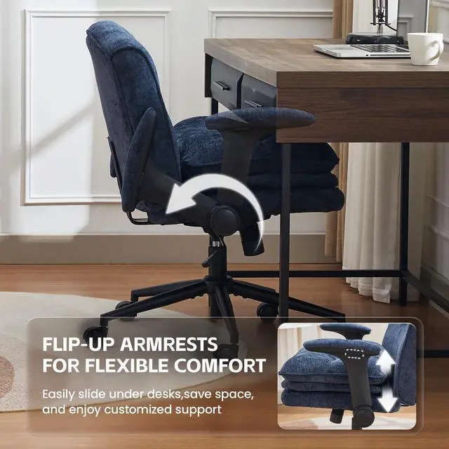 Alt view image 5 of 6 - Criss Cross Chair with Flip-up Arms, Wide Criss Legged Chair with 3 Layer Cushion, Ergonomic Office Desk Chair with Wheels, Swivel Vanity Chair for Office, Living Room, Bedroom, Chenille Blue
