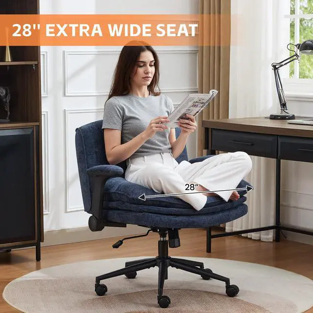 Alt view image 6 of 6 - Criss Cross Chair with Flip-up Arms, Wide Criss Legged Chair with 3 Layer Cushion, Ergonomic Office Desk Chair with Wheels, Swivel Vanity Chair for Office, Living Room, Bedroom, Chenille Blue