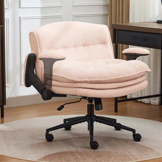Main image of Criss Cross Chair with Flip-up Arms, Wide Criss Legged Chair with 3 Layer Cushion, Ergonomic Office Desk Chair with Wheels, Swivel Vanity Chair for Office, Living Room, Bedroom, Boucle Pink