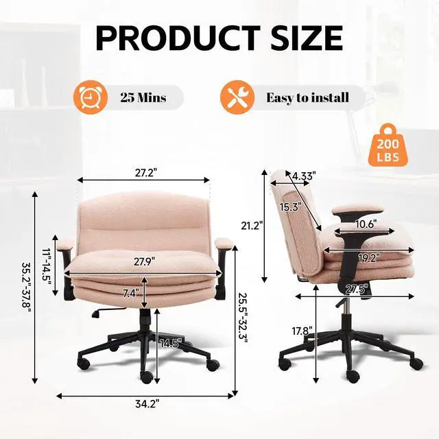 Alt view image 2 of 6 - Criss Cross Chair with Flip-up Arms, Wide Criss Legged Chair with 3 Layer Cushion, Ergonomic Office Desk Chair with Wheels, Swivel Vanity Chair for Office, Living Room, Bedroom, Boucle Pink