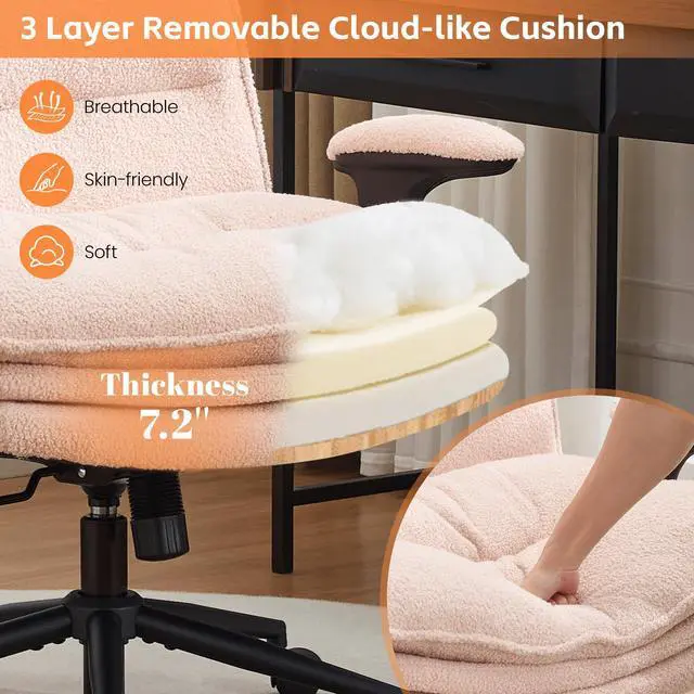 Alt view image 3 of 6 - Criss Cross Chair with Flip-up Arms, Wide Criss Legged Chair with 3 Layer Cushion, Ergonomic Office Desk Chair with Wheels, Swivel Vanity Chair for Office, Living Room, Bedroom, Boucle Pink