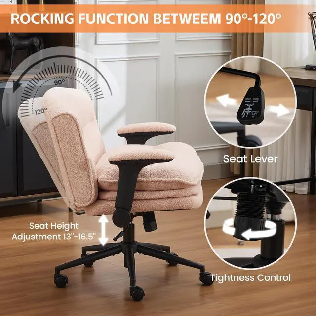 Alt view image 4 of 6 - Criss Cross Chair with Flip-up Arms, Wide Criss Legged Chair with 3 Layer Cushion, Ergonomic Office Desk Chair with Wheels, Swivel Vanity Chair for Office, Living Room, Bedroom, Boucle Pink