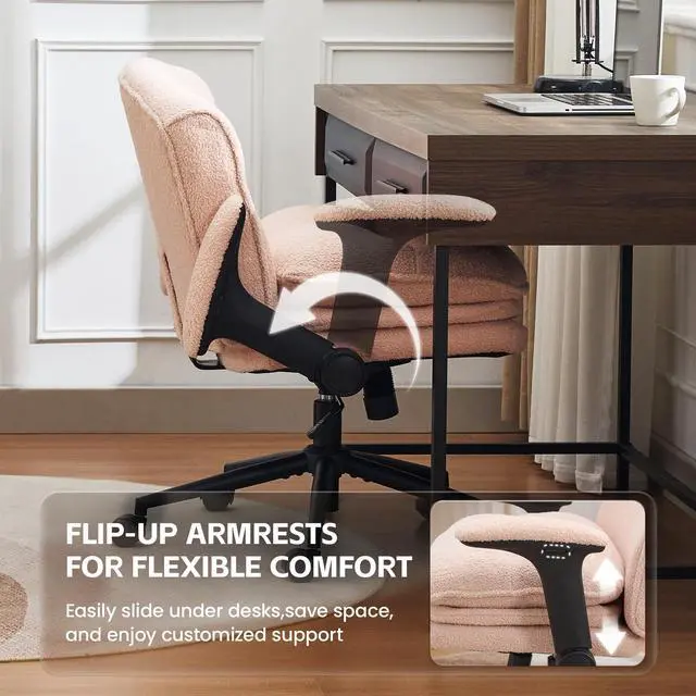 Alt view image 5 of 6 - Criss Cross Chair with Flip-up Arms, Wide Criss Legged Chair with 3 Layer Cushion, Ergonomic Office Desk Chair with Wheels, Swivel Vanity Chair for Office, Living Room, Bedroom, Boucle Pink