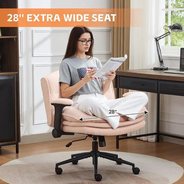 Alt view image 6 of 6 - Criss Cross Chair with Flip-up Arms, Wide Criss Legged Chair with 3 Layer Cushion, Ergonomic Office Desk Chair with Wheels, Swivel Vanity Chair for Office, Living Room, Bedroom, Boucle Pink