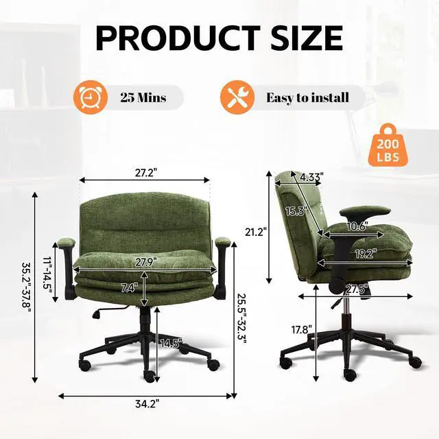 Alt view image 2 of 6 - Criss Cross Chair with Flip-up Arms, Wide Criss Legged Chair with 3 Layer Cushion, Ergonomic Office Desk Chair with Wheels, Swivel Vanity Chair for Office, Living Room, Bedroom, Chenille Green