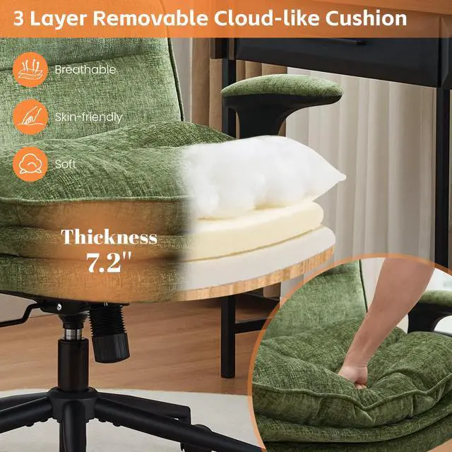 Alt view image 3 of 6 - Criss Cross Chair with Flip-up Arms, Wide Criss Legged Chair with 3 Layer Cushion, Ergonomic Office Desk Chair with Wheels, Swivel Vanity Chair for Office, Living Room, Bedroom, Chenille Green