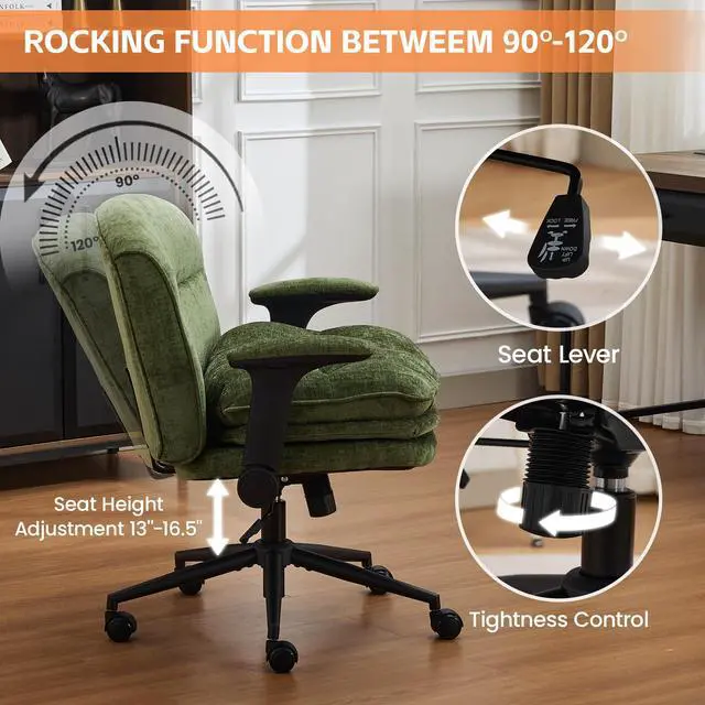 Alt view image 4 of 6 - Criss Cross Chair with Flip-up Arms, Wide Criss Legged Chair with 3 Layer Cushion, Ergonomic Office Desk Chair with Wheels, Swivel Vanity Chair for Office, Living Room, Bedroom, Chenille Green