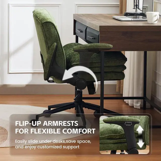 Alt view image 5 of 6 - Criss Cross Chair with Flip-up Arms, Wide Criss Legged Chair with 3 Layer Cushion, Ergonomic Office Desk Chair with Wheels, Swivel Vanity Chair for Office, Living Room, Bedroom, Chenille Green