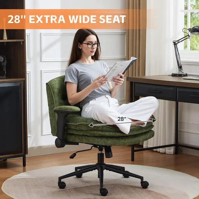 Alt view image 6 of 6 - Criss Cross Chair with Flip-up Arms, Wide Criss Legged Chair with 3 Layer Cushion, Ergonomic Office Desk Chair with Wheels, Swivel Vanity Chair for Office, Living Room, Bedroom, Chenille Green
