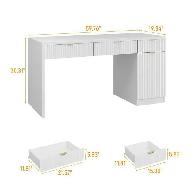 Alt view image 2 of 6 - 60" Executive Desk with Fluted Drawers, Wood Home Office Desk with Storage Cabinet, Fluted Reversible Computer Writing Desk for Study, Living Room, Cream White