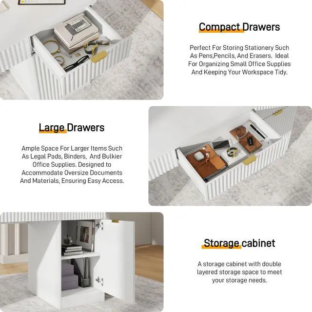Alt view image 3 of 6 - 60" Executive Desk with Fluted Drawers, Wood Home Office Desk with Storage Cabinet, Fluted Reversible Computer Writing Desk for Study, Living Room, Cream White